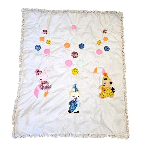 Vintage Kitschy Baby Quilt Blanket Clown Animals Balloons White Lace‎ 41 X 50 - Picture 1 of 13